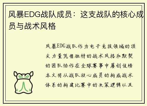 风暴EDG战队成员：这支战队的核心成员与战术风格